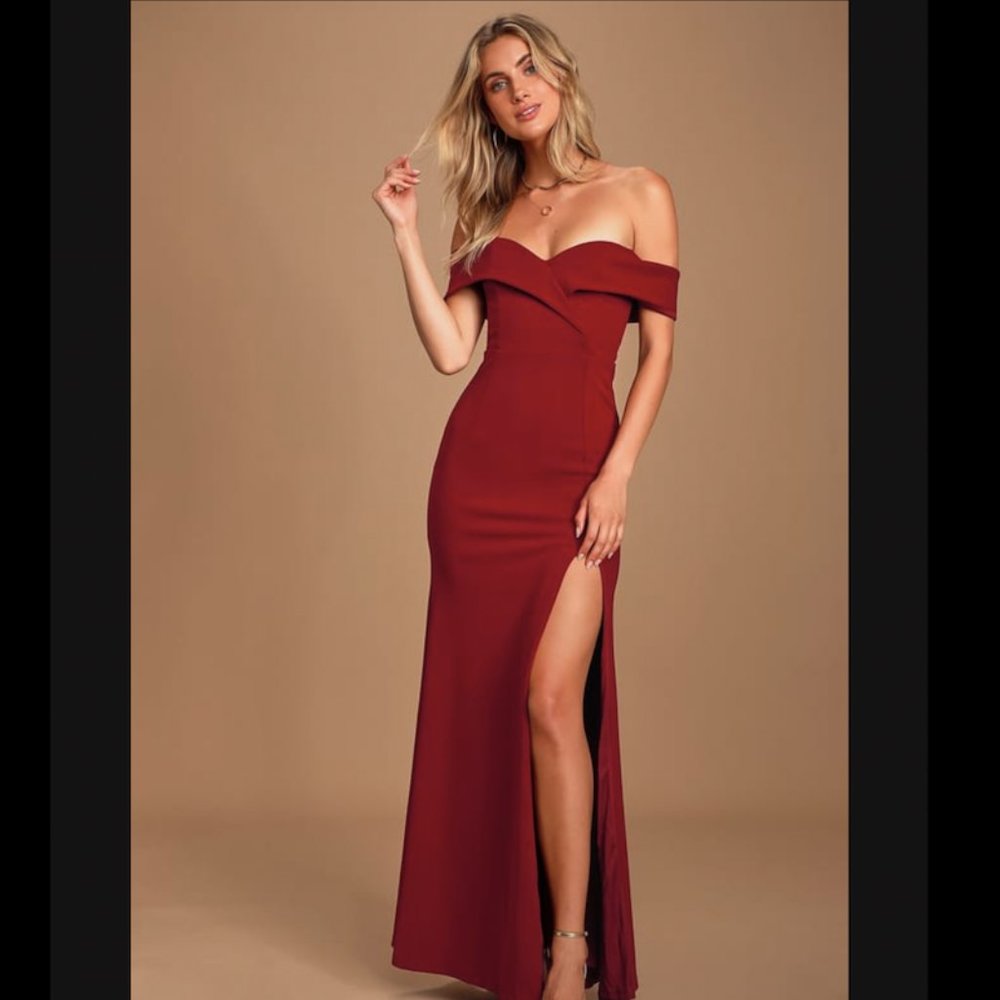 LULUS Wine Red Off the Shoulder Maxi Dress